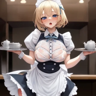 Short hair, Wavy hair, Anime style, Mouth open, Embarrassed, Nipples, R18, Masterpiece, Maid apron, See-through